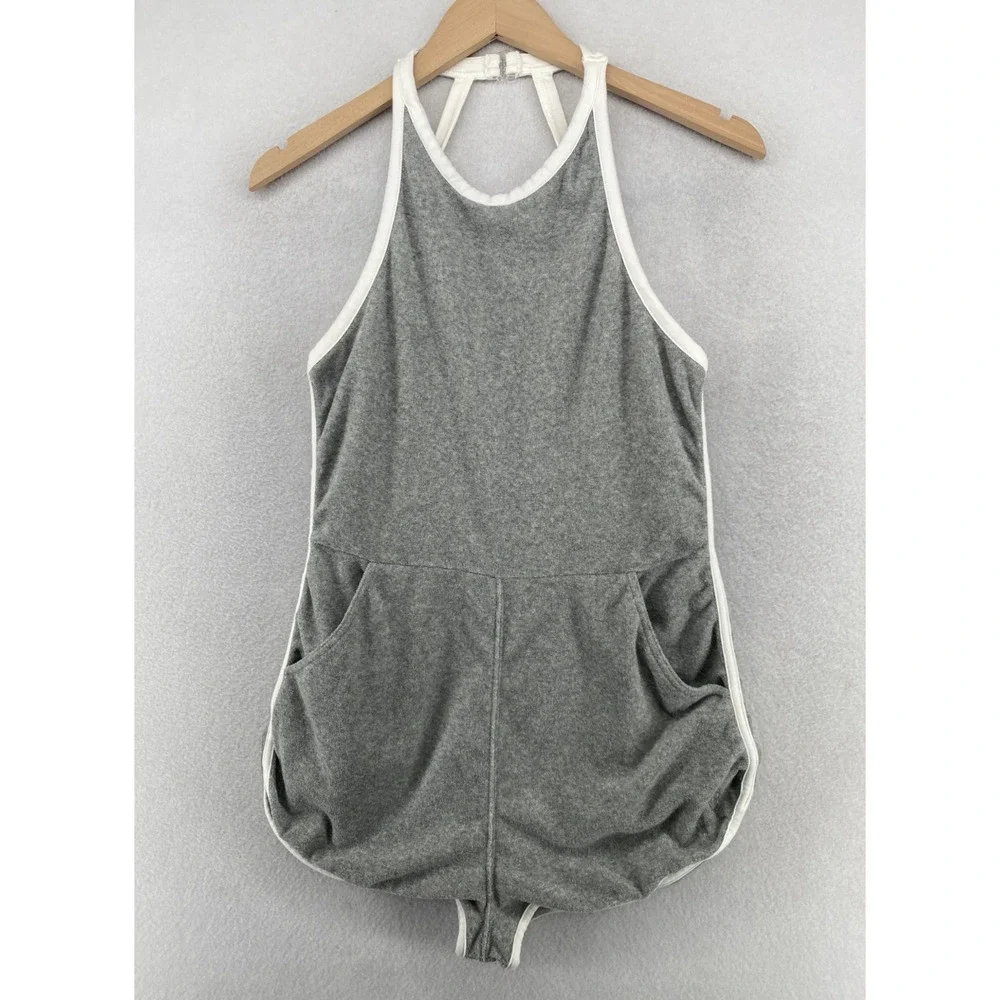 FREE PEOPLE Romper S FP Movement Ringleader Terry Runsie Halter Backless Gray - Picture 2 of 16